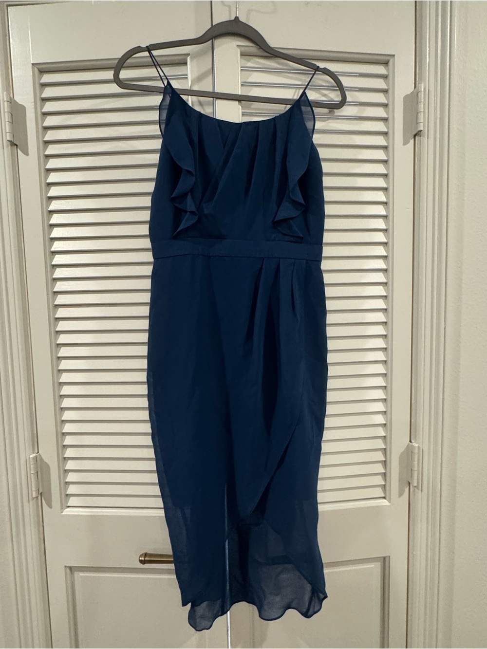 Navy Blue Midi Dress with Ruffle Detail